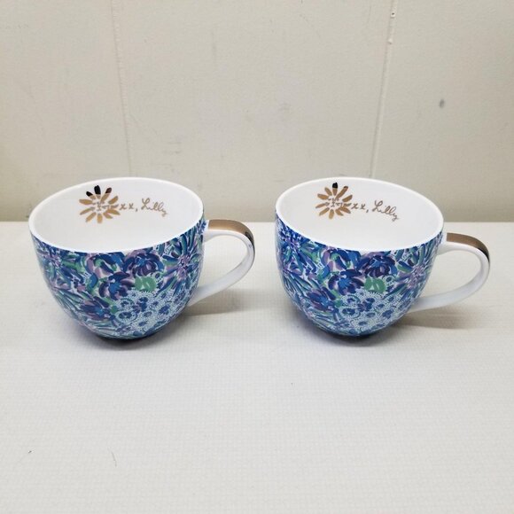 Lilly Pulitzer Ceramic Mug Cup Set Of 2 Blue Floral Gift Collectible - Picture 1 of 7